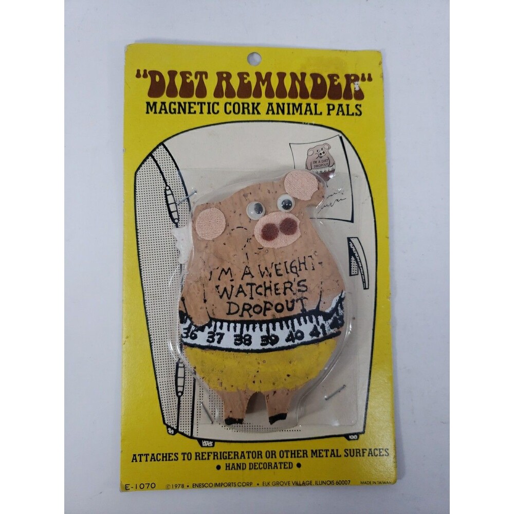 Vintage Humor Diet Reminder Magnetic Cork Animal Pig Enesco 1978 Sealed Package
